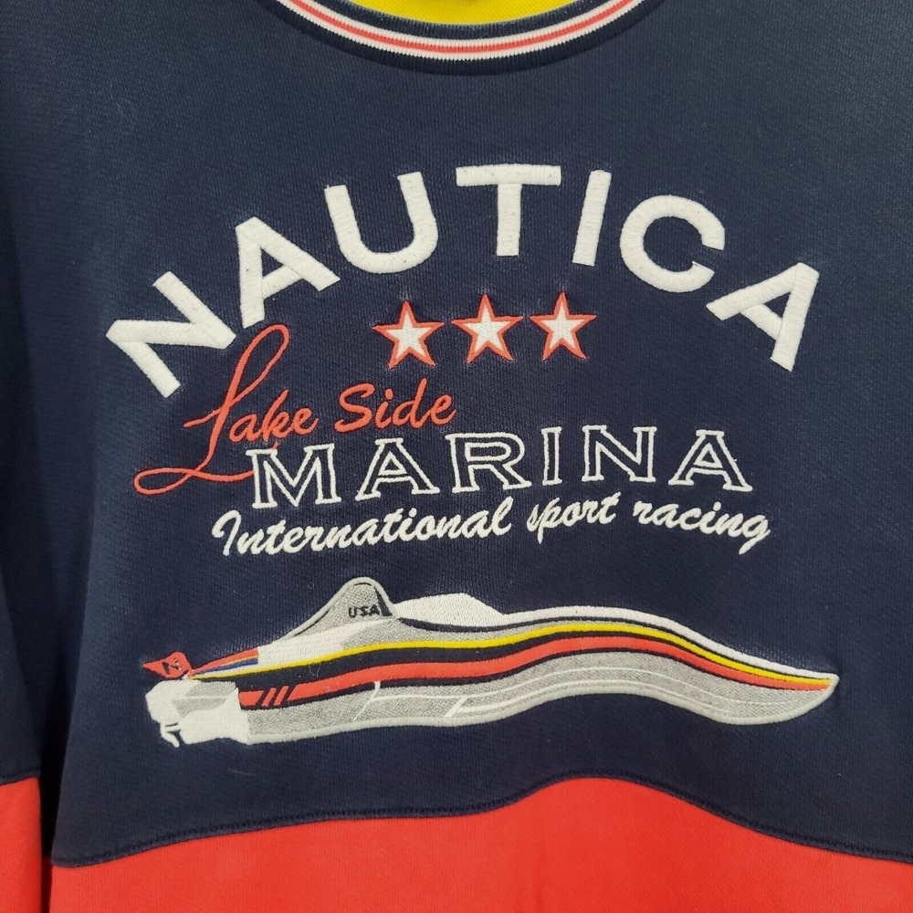 NAUTICA Mens Lakeside Marina Color Block Crewneck Sweatshirt Navy Red Vintage XL - Picture 6 of 9